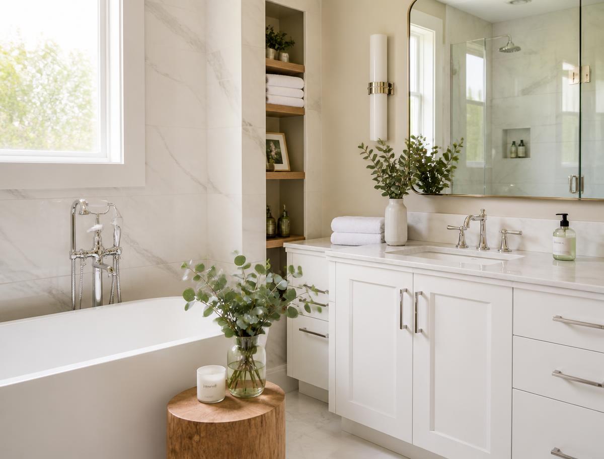 A pristine, spa-like bathroom with gleaming marble and fresh towels