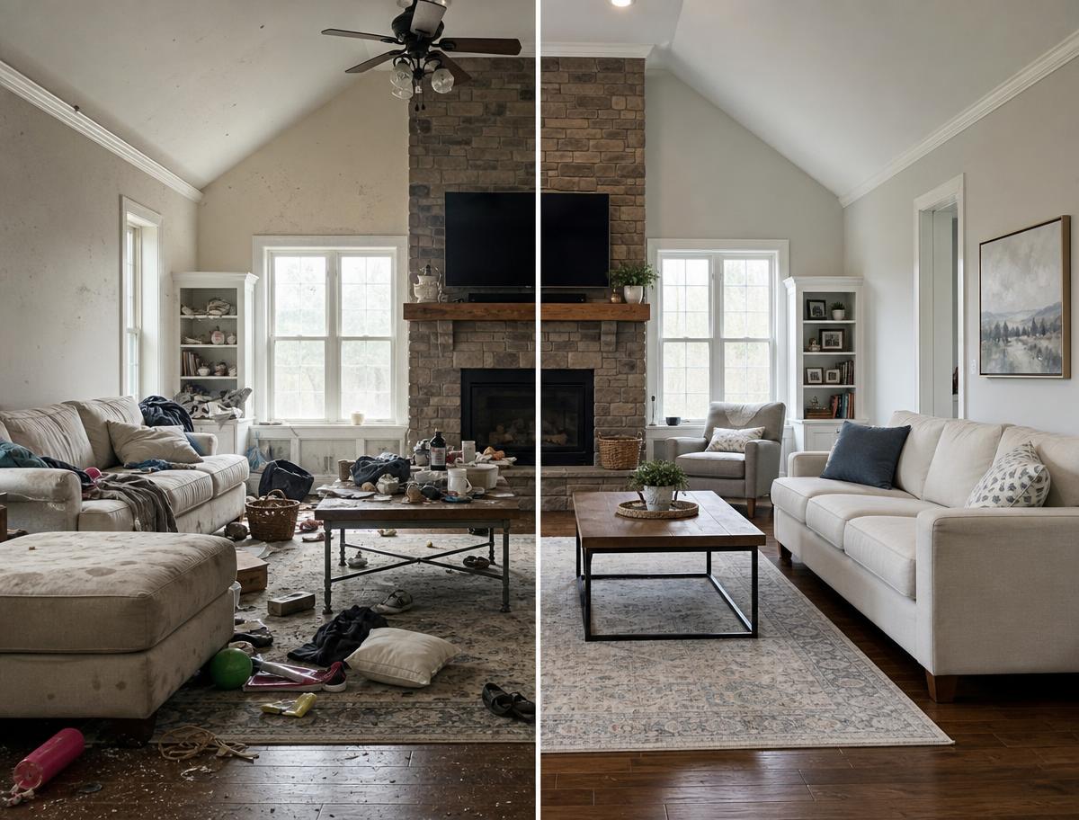 Before and after: a cluttered living room transformed into a spotless space