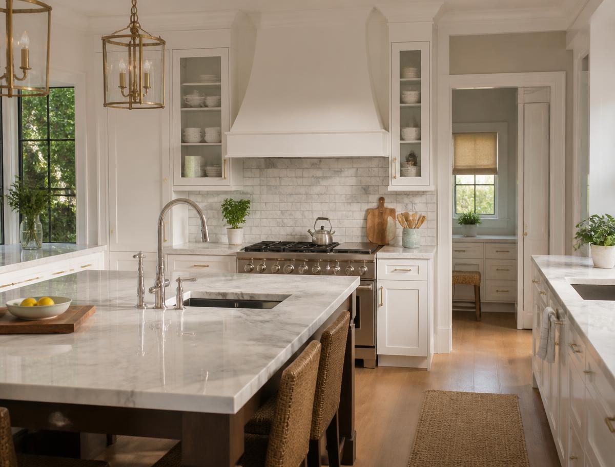 A spotless kitchen with polished marble countertops