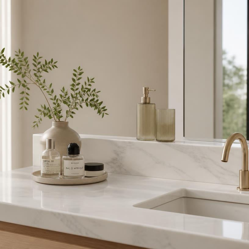 A pristine minimalist bathroom vanity